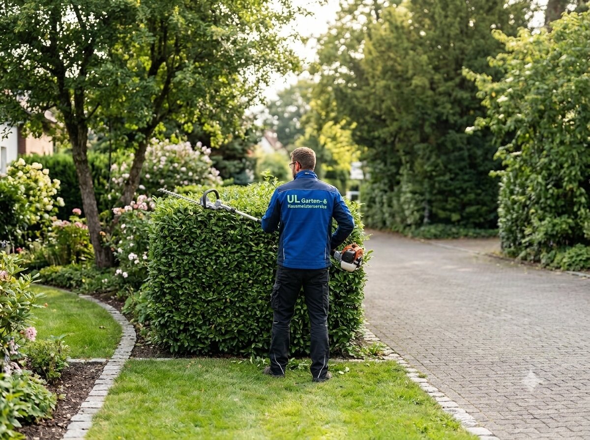 UL Garten- & Hausmeisterservice beim Heckenschnitt in einem gepflegten Vorgarten